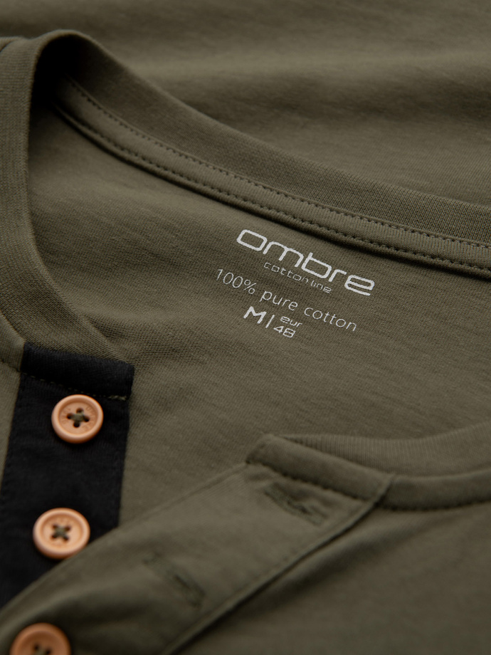 Men's cotton longsleeve with buttons at the neckline - dark olive V1 OM-LSCL-0107