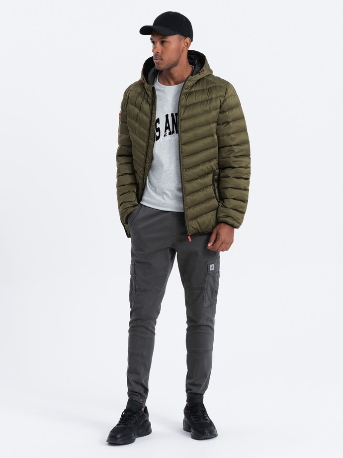 Men's quilted jacket with satin finish - dark olive green V13 OM-JALP-0121