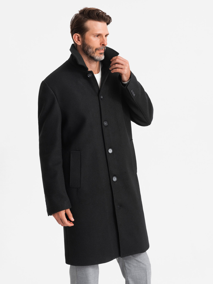 Men's long single-breasted coat with collar and undercoat - black V1 OM-COWC-0106