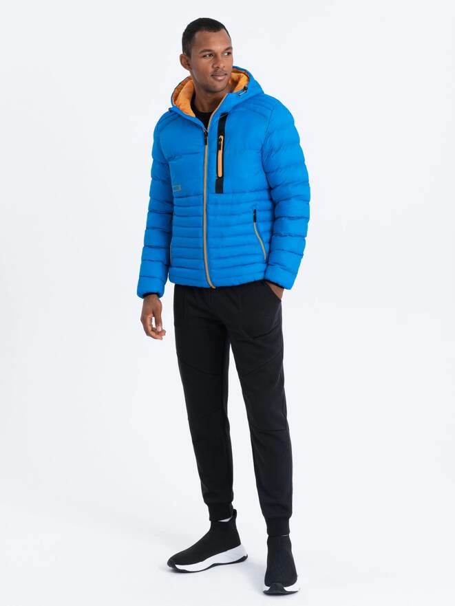 Men's quilted jacket with hood - blue V4 OM-JALP-0120