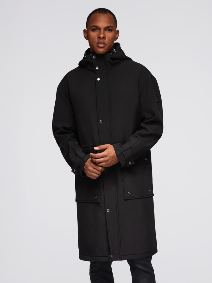 Men's parka coat with fleece lining and waist adjustment - black V2 OM-JAPJ-0314