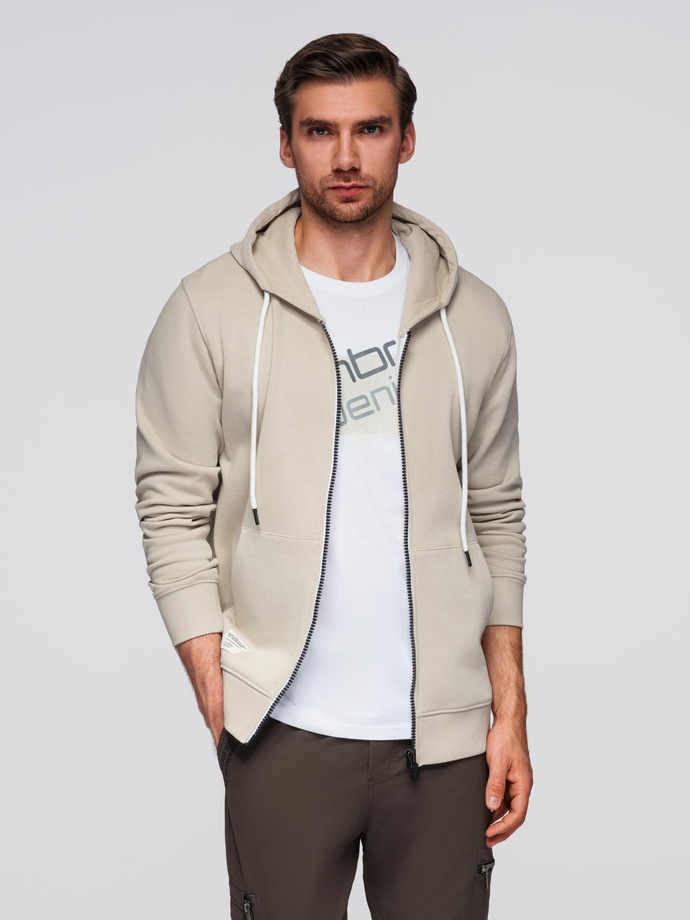 Bluza męska dresowa BASIC rozpinana z kapturem - jasnobeżowa V1 OM-SSBZ-0178