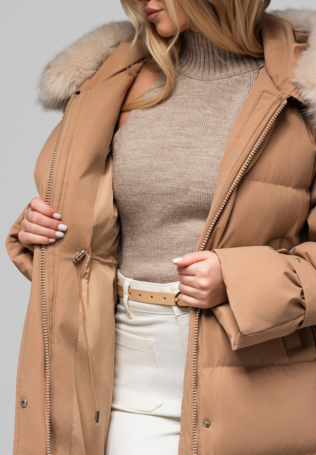 Women's long jacket with fur OW-JALJ-0107 v1 - brown