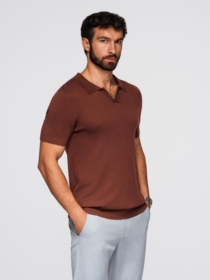 Men's buttonless polo shirt with classic weave - dark brown V4 OM-POSS-0159