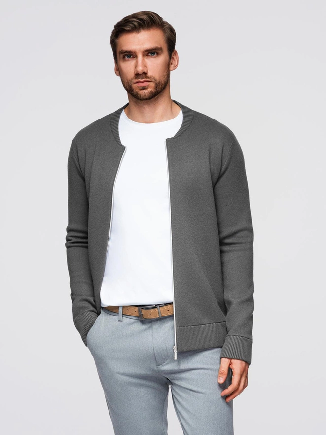 Męski sweter gładki na zamek  – grafitowy V2 OM-SWZS-0146