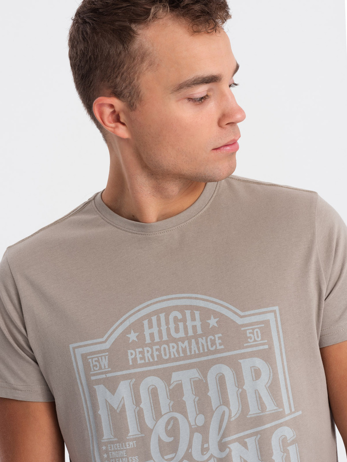 T-shirt męski bawełniany z nadrukiem - jasnobrązowy V3 S1735