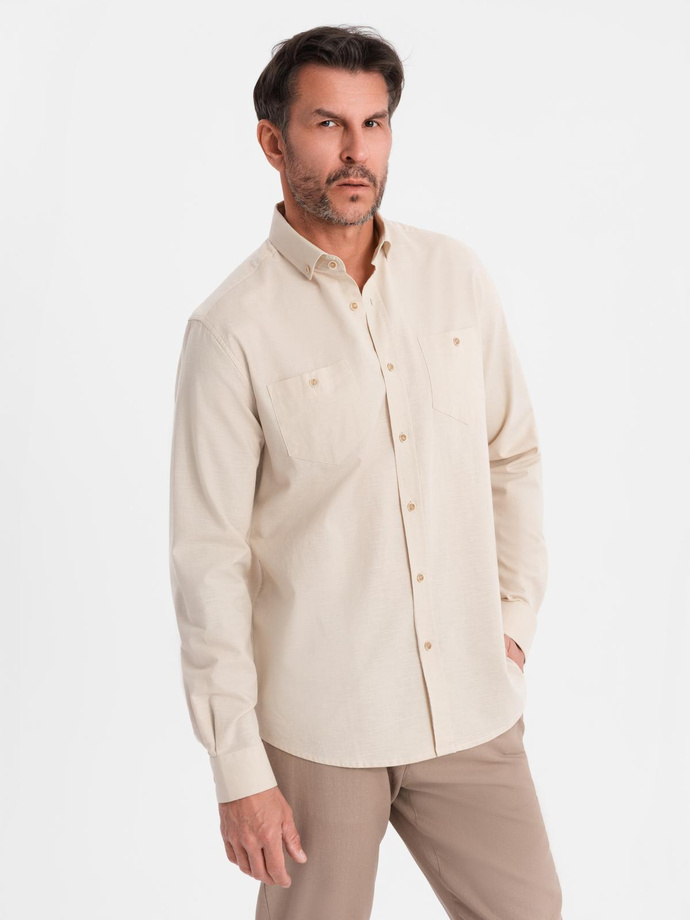 Men's linen shirt with classic collar and pockets REGULAR FIT - cream V3 OM-SHCS-0134