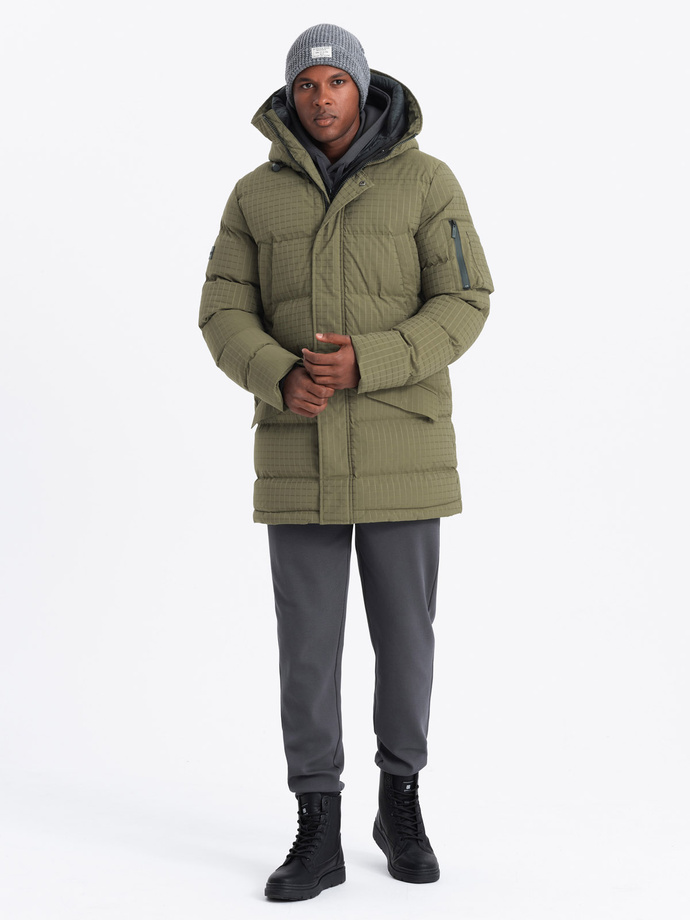 Outdoorowa długa męska kurtka parka  – oliwkowa V4 OM-JALJ-0201