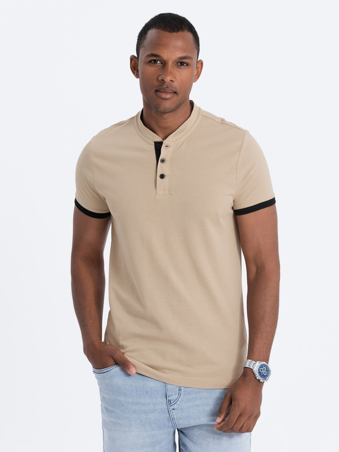 Men's collarless polo t-shirt - beige V5 S1381