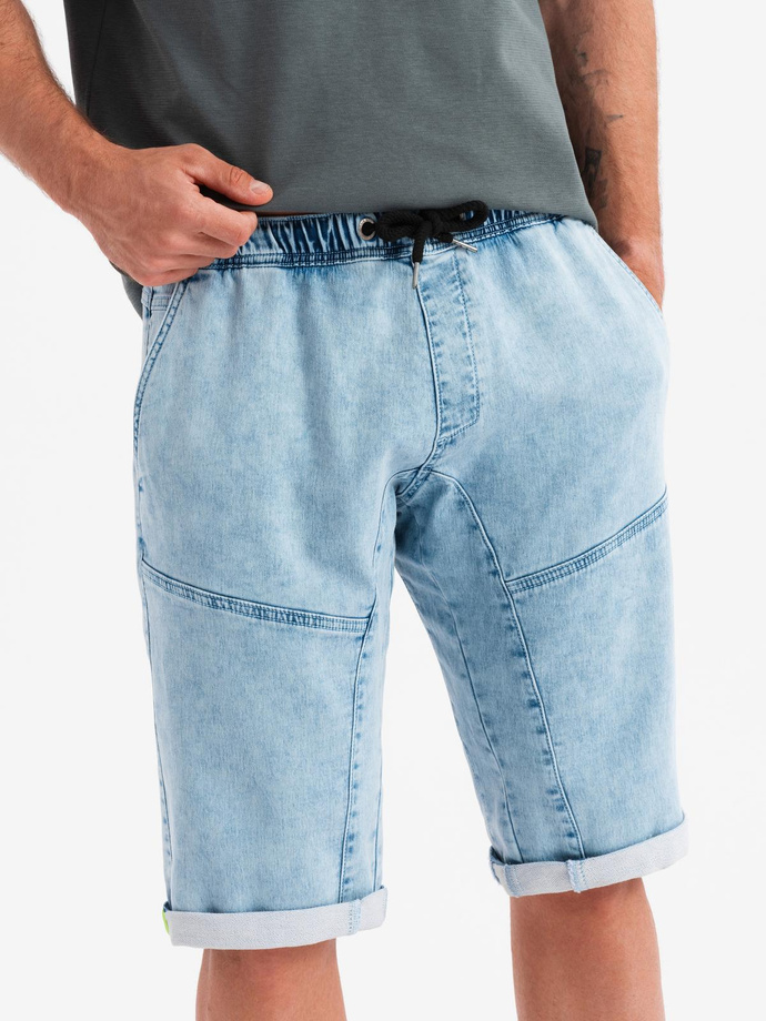 Krótkie jeansowe spodenki męskie z ozdobnymi przeszyciami - jasnoniebieskie V2 OM-SRDS-0135