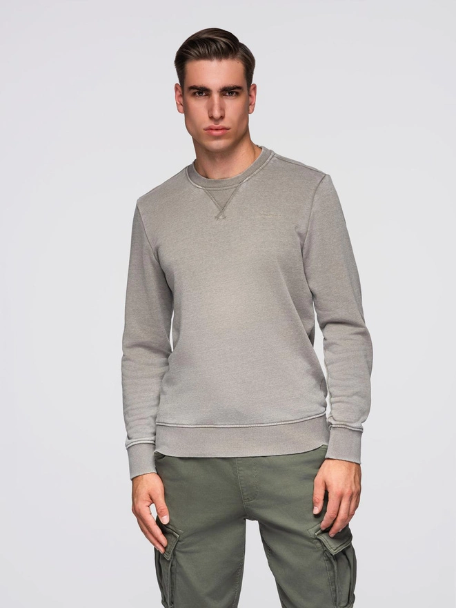 Washed men's sweatshirt with decorative stitching at the neckline - beige V2 OM-SSDS-0131