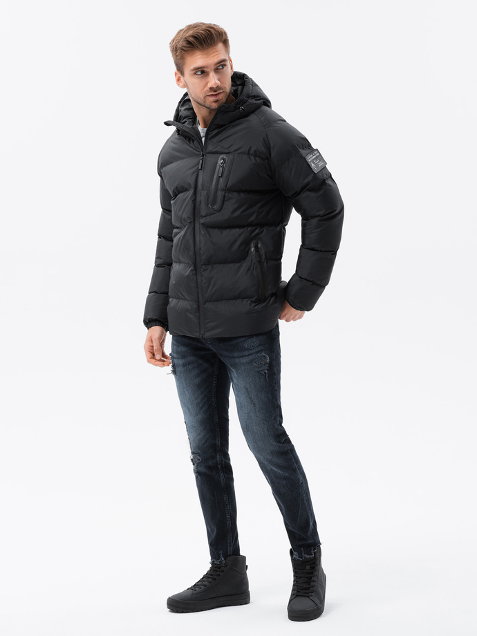 Quilted heavily insulated men's jacket with raglan sleeves - black V4 OM-JAHP-0178