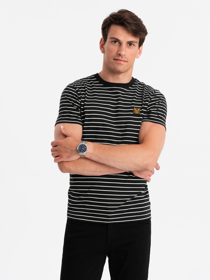 Men's striped t-shirt with patch by Ombre Design - black and white V2 OM-TSCT-0183