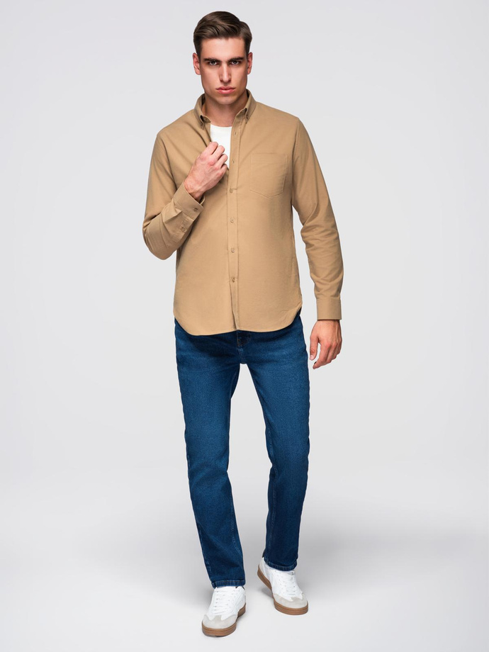 Men's REGULAR FIT cotton shirt with pocket - light brown V2 OM-SHOS-0153