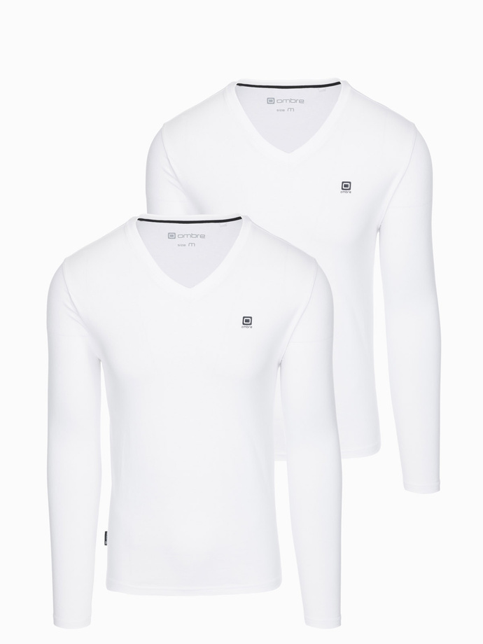 Set of 2x men's SLIM FIT longsleeve with logo and V-neck - white V2 Z87