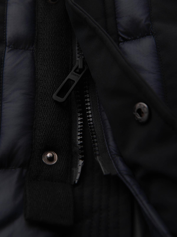 Men's long quilted jacket with large pockets - black V1 OM-JALJ-0308