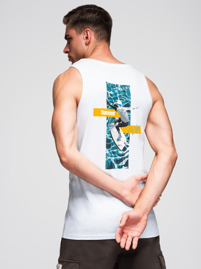 Bawełniany męski tank top z nadrukiem Summer Vibe – biały V2 OM-TSTT-0191