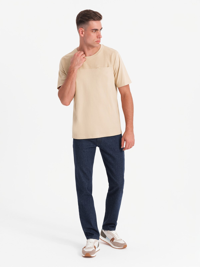 T-shirt męski LOOSE FIT z kieszonką – beżowy V1 OM-TSCT-0171