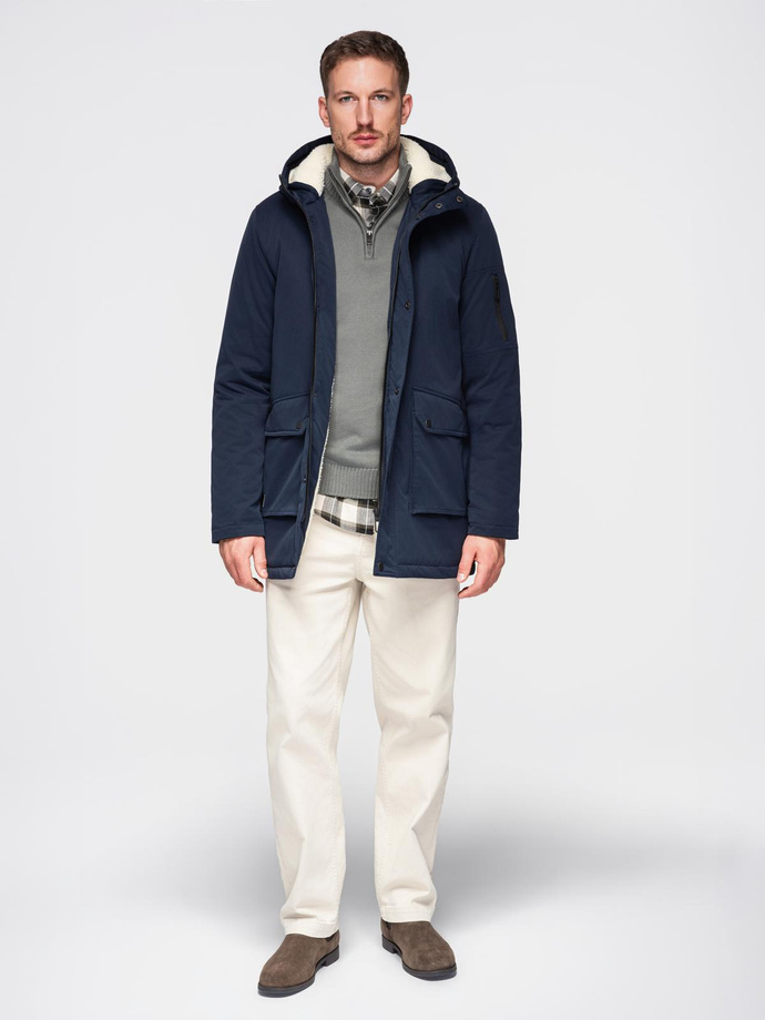 Men's long parka jacket with sheepskin - navy blue V2 OM-JAPJ-0316
