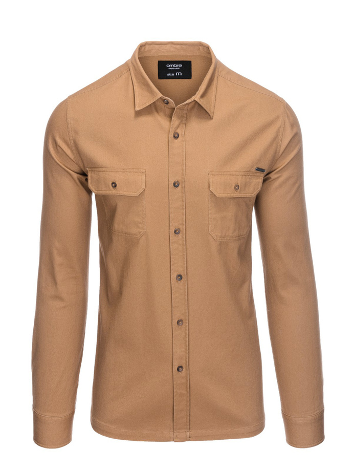 Męska bawełniana koszula REGULAR FIT z kieszeniami zapinanymi na guziki - camel V2 OM-SHCS-0146