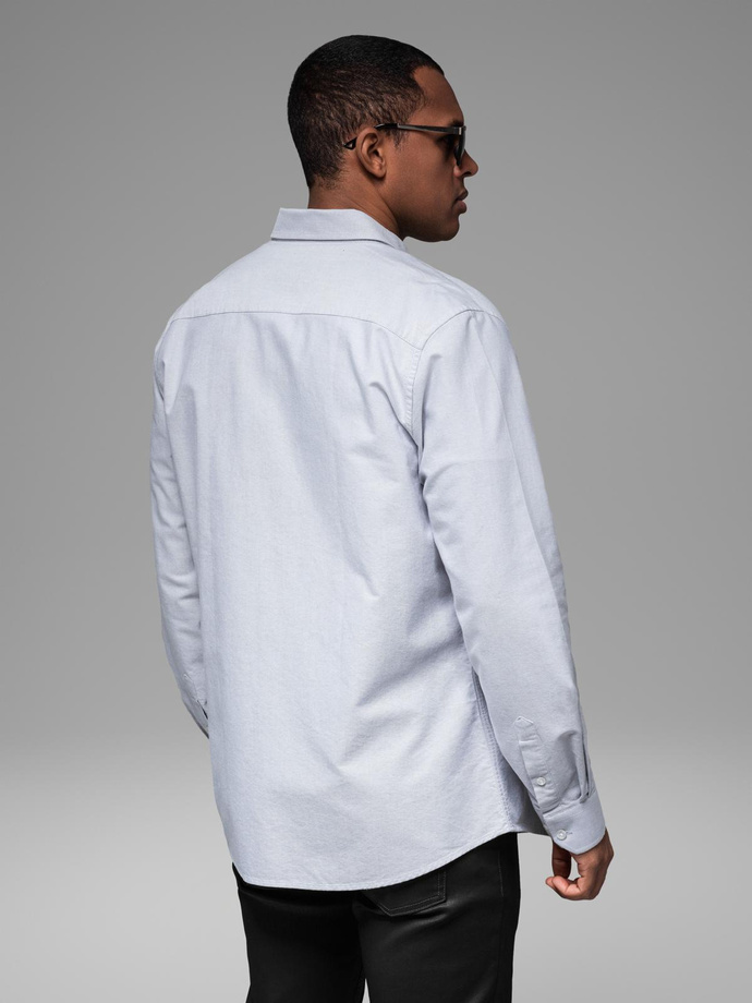 Elegant men's oxford shirt with embroidery and pocket - blue V1 OM-SHOS-0173