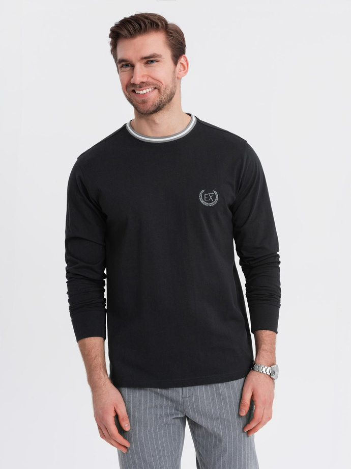 Men's cotton longsleeve with striped U neckline and embroidery - black V4 OM-LSCL-0128