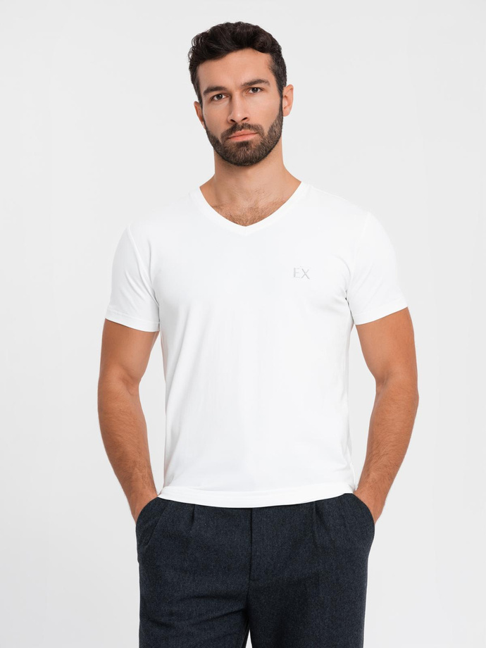 Men's V-neck SLIM FIT t-shirt with elastane and print - white V2 OM-TSBC-0221 