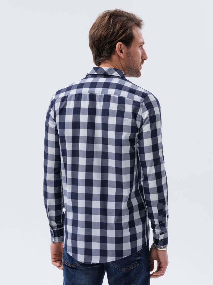 Koszula męska w kratę z długim rękawem - granatowa K282