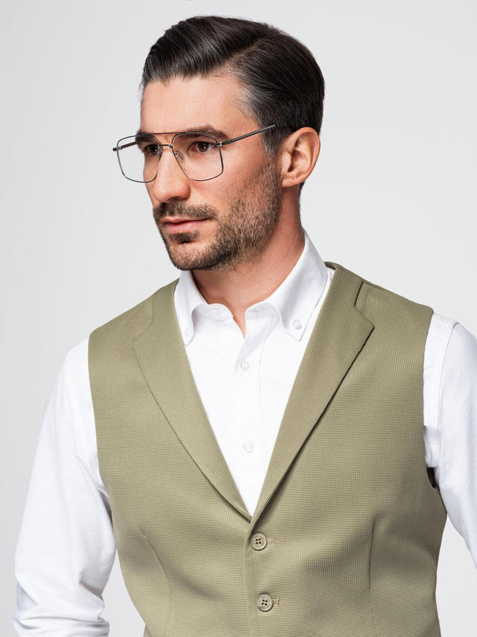 Dopasowana kamizelka męska ze strukturalnej dzianiny z klapami – oliwkowa V1 OM-BLZV-0144