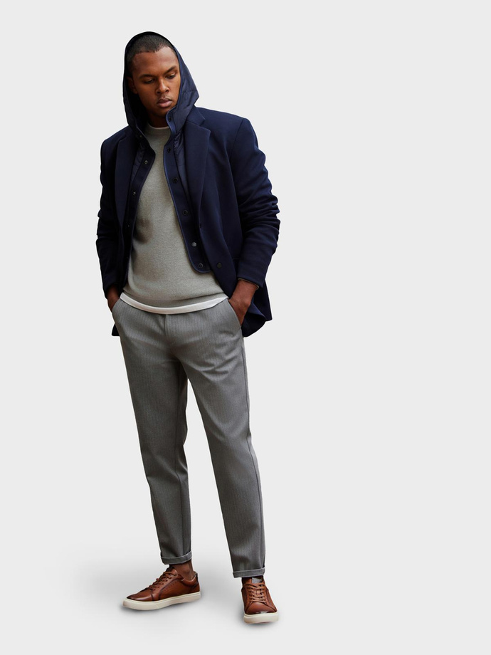 Men's jacket with hooded lining and high collar - navy blue V3 OM-BLZB-0133