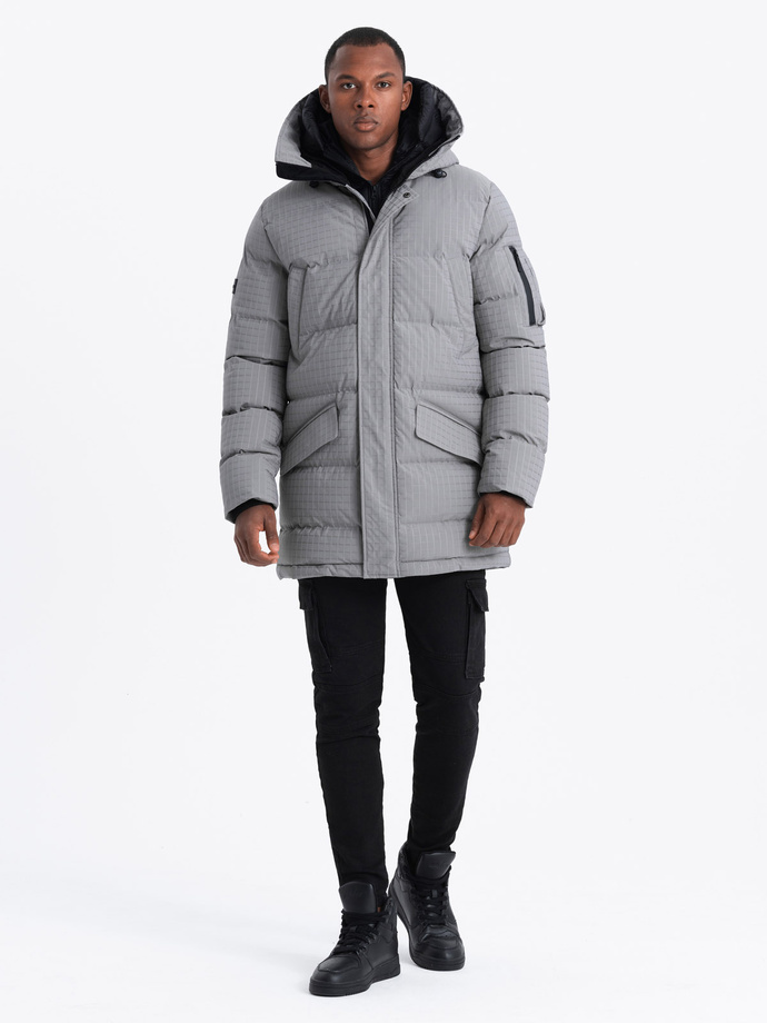 Długa męska kurtka parka ze strukturalnej tkaniny – szara V2 OM-JALJ-0201