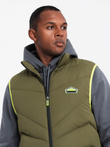 Men's quilted sleeveless jacket with neon accents - olive V5 OM-JAVJ-0210
