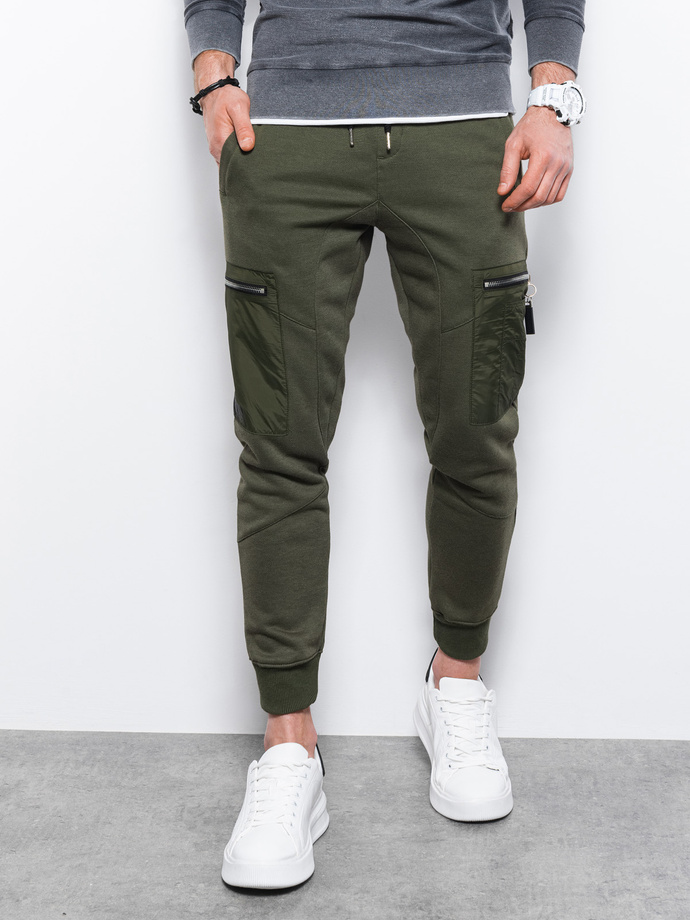 Spodnie męskie dresowe joggery - khaki P917