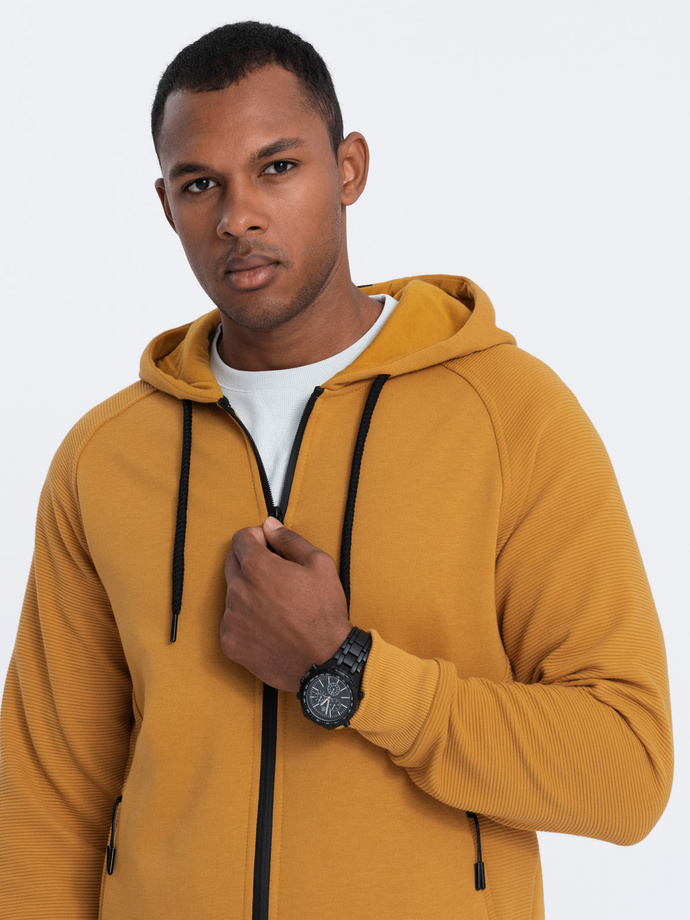 Men's unbuttoned hooded sweatshirt - mustard V7 OM-SSZP-0124