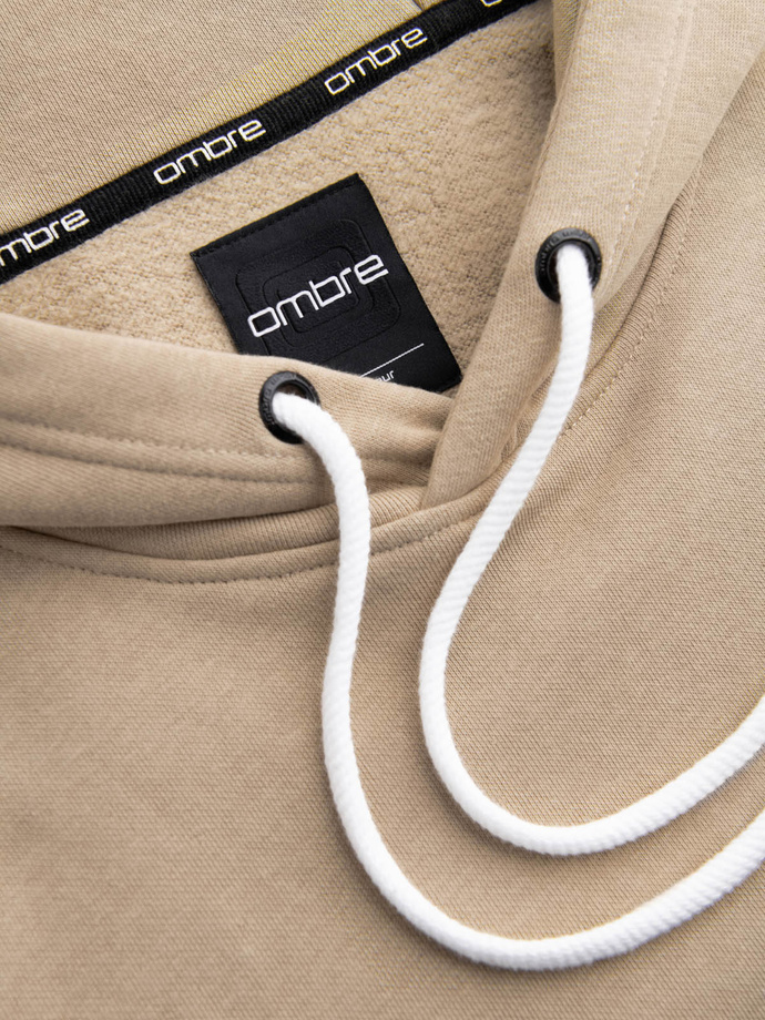 Men's kangaroo sweatshirt with hood and college style patch - sand V3 OM-SSNZ-0144