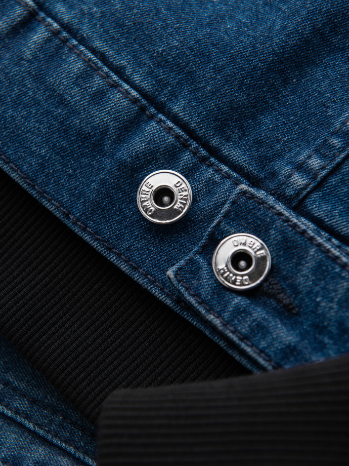 Men's denim jacket with knitted sleeves and hood - blue and black V2 OM-JADJ-0220