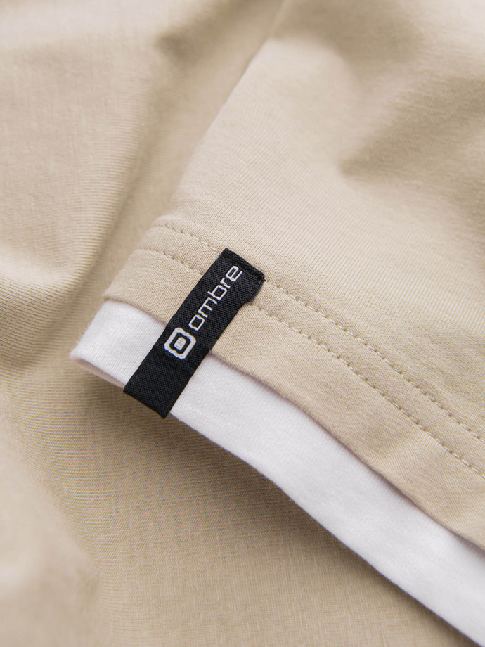Men's casual cotton t-shirt with hood - beige V5 OM-TSCT-22SS-001