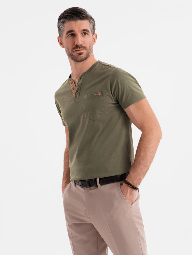 Men's T-shirt with button neckline and suede trim - dark olive V5 OM-TSCT-0206