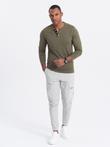 Men's cotton longsleeve with buttons at the neckline - dark olive V1 OM-LSCL-0107