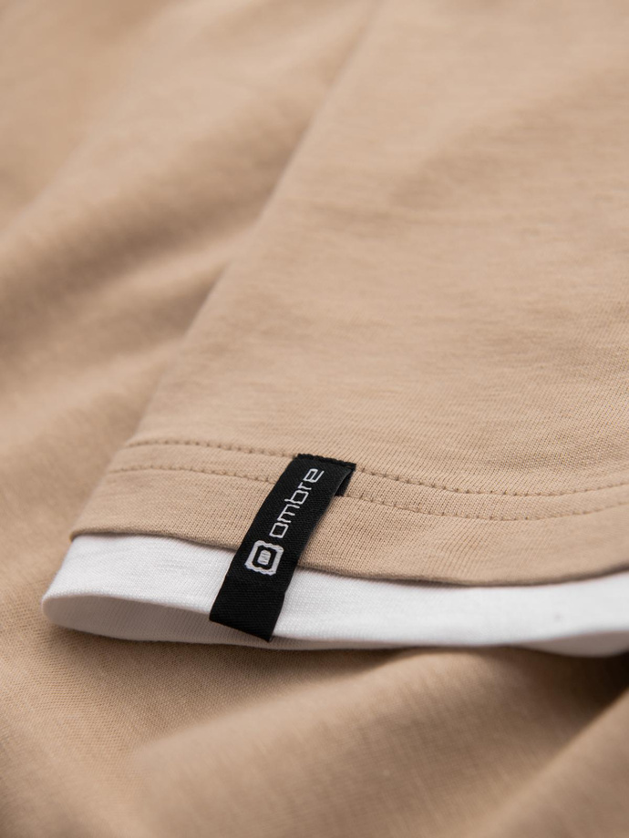 Men's hooded cotton t-shirt - beige V5 OM-TSCT-0256