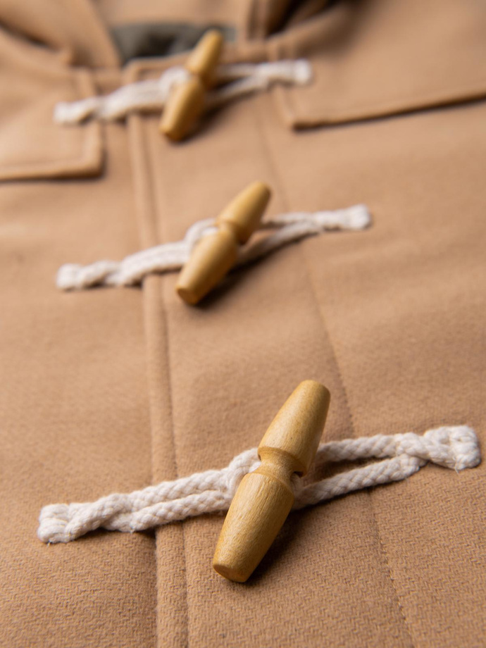 Płaszcz męski z wełną i kapturem duffle coat – jasnobrązowy V1 OM-COWC-0131