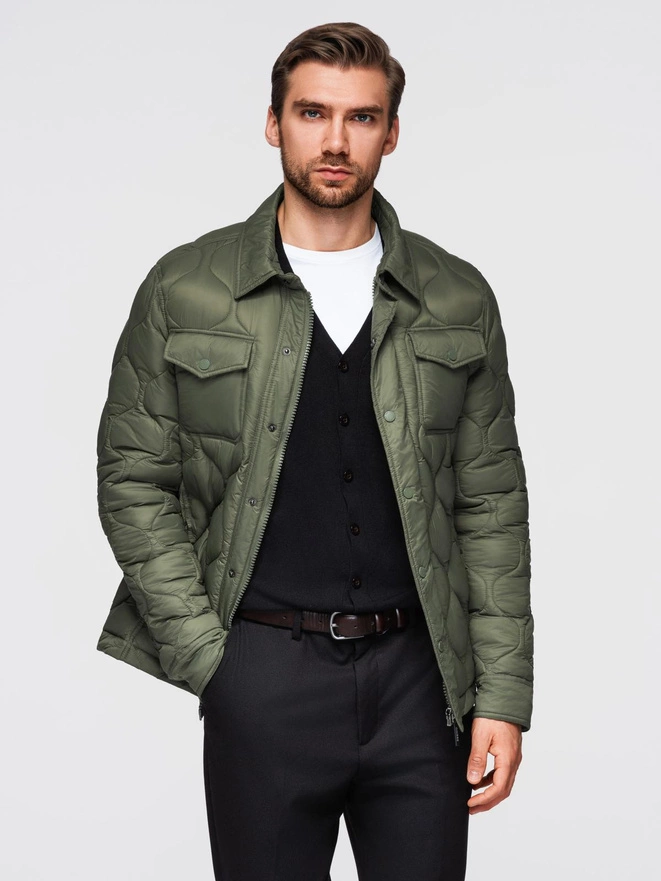 Men's quilted jacket in shirt cut - olive V2 OM-JALP-0215