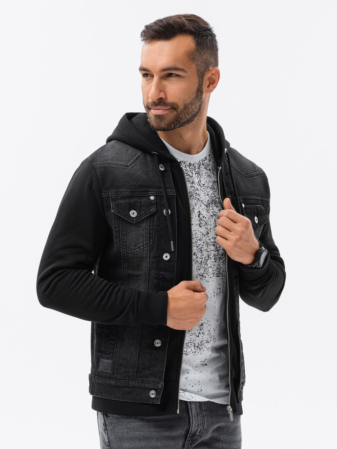 Men's denim katana jacket with hood - black OM-JADJ-0124