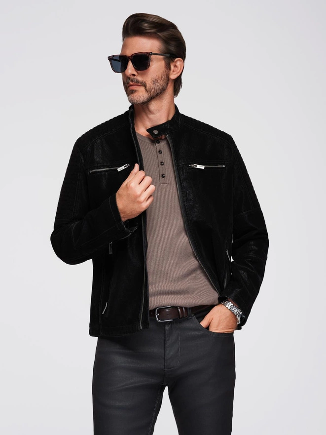 Stylish men's eco leather biker jacket with collar - black V2 C637