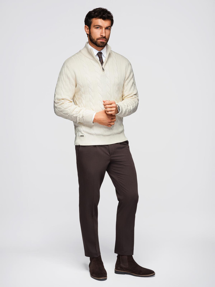 Men's plaid sweater with turtleneck zipper - cream V1 OM-SWZS-0138