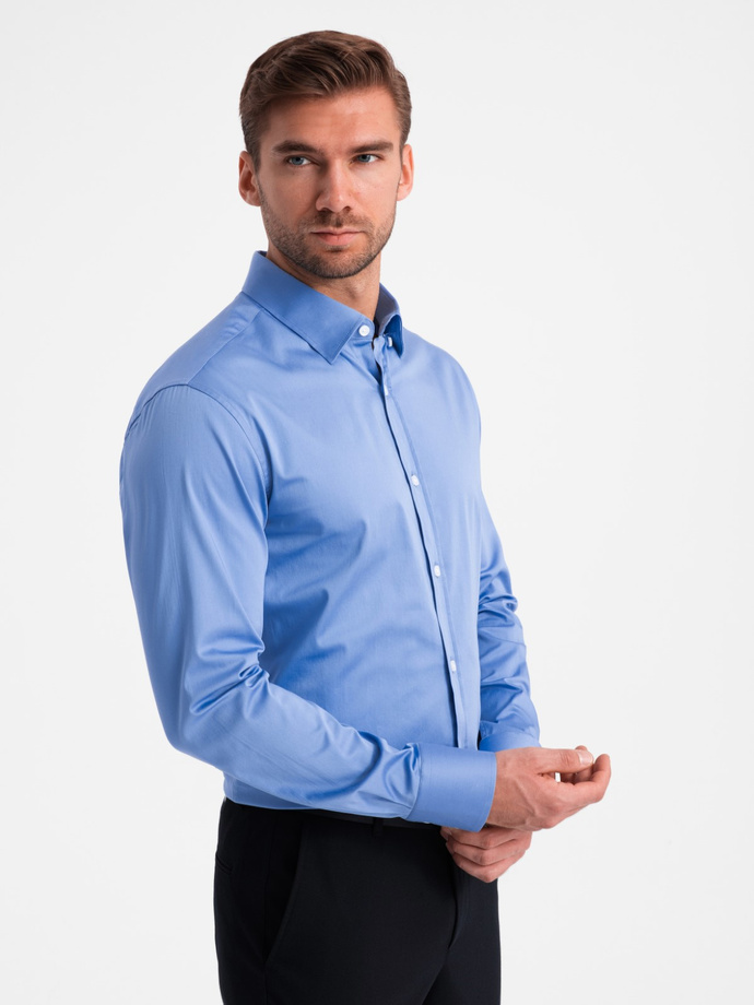 Classic men's SLIM FIT satin fabric shirt - blue V2 OM-SHOS-0176