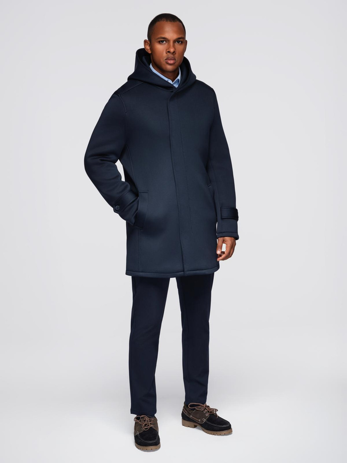 Minimalist men's mid-length coat with hood - navy blue V5 OM-COLC-0144