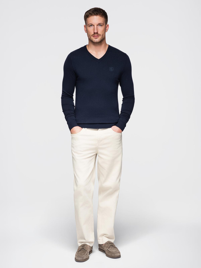 Men's elegant BASIC V-neck sweater with viscose - navy blue V2 OM-SWBS-0107
