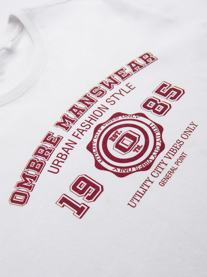 Bawełniany męski t-shirt z nadrukiem w stylu college – biały V1 OM-TSPT-0137
