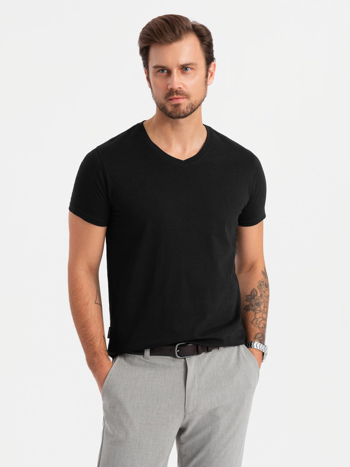 BASIC men's V-neck cotton t-shirt set - black/white/blue V1 OM-TSBS-0233